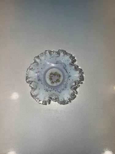 Vintage Milk Glass Ruffled Dish Hand Painted Floral Candy Trinket Bowl Gold Acce