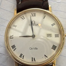 OMEGA De Ville Quartz 36mm Gold Case White Roman Dial Date Brown Leather Strap