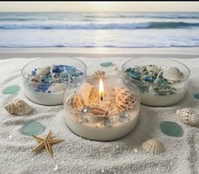 Handmade Beach Theme Jar Candles Set of 3, Seashells Embedded, White/Blue