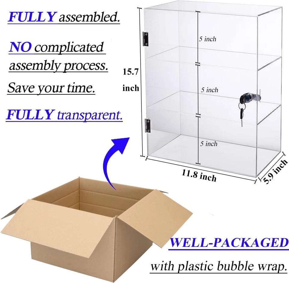 3 Shelf Acrylic Display Case with Lock and Keys, Clear Collectibles Showcase Cou - Image 4 of 4