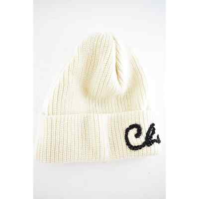 Chanel 21A Ivory Cashmere Black Pearl White CC Script Logo Beanie