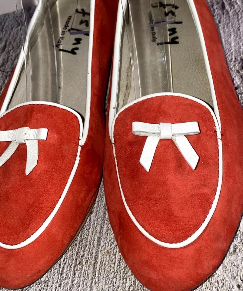 Zapatos Mocasines Suela Francesa FS/NY Tomate Rojo Gamuza Borde Blanco Lazo Hechos en Italia-7M Foto 4 de 4