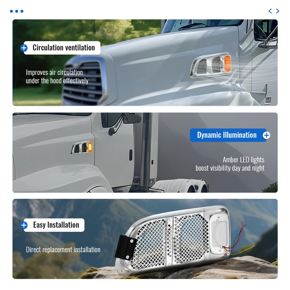 Hood Side Vents Chrome w/Amber Lens Air Intake Trim For 1997-2009 Sterling Truck - Image 4 of 4