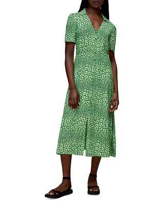 WHISTLES Green Leopard Animal Print V-Neck Collared Midi Shirt Dress 12US  16UK L | eBay