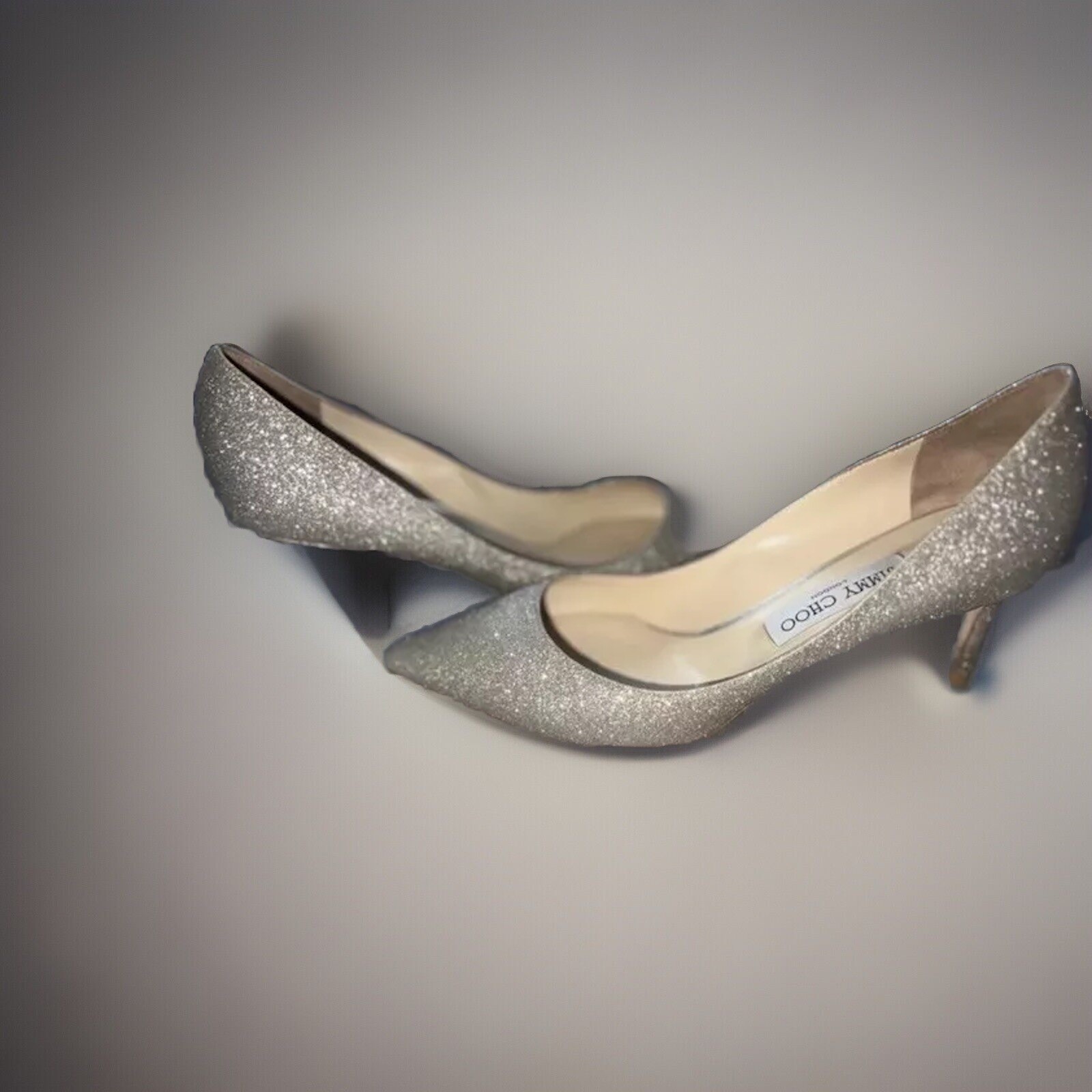 JIMMY CHOO ROMY CHAMPAGNE GLITTER HEELS UK6