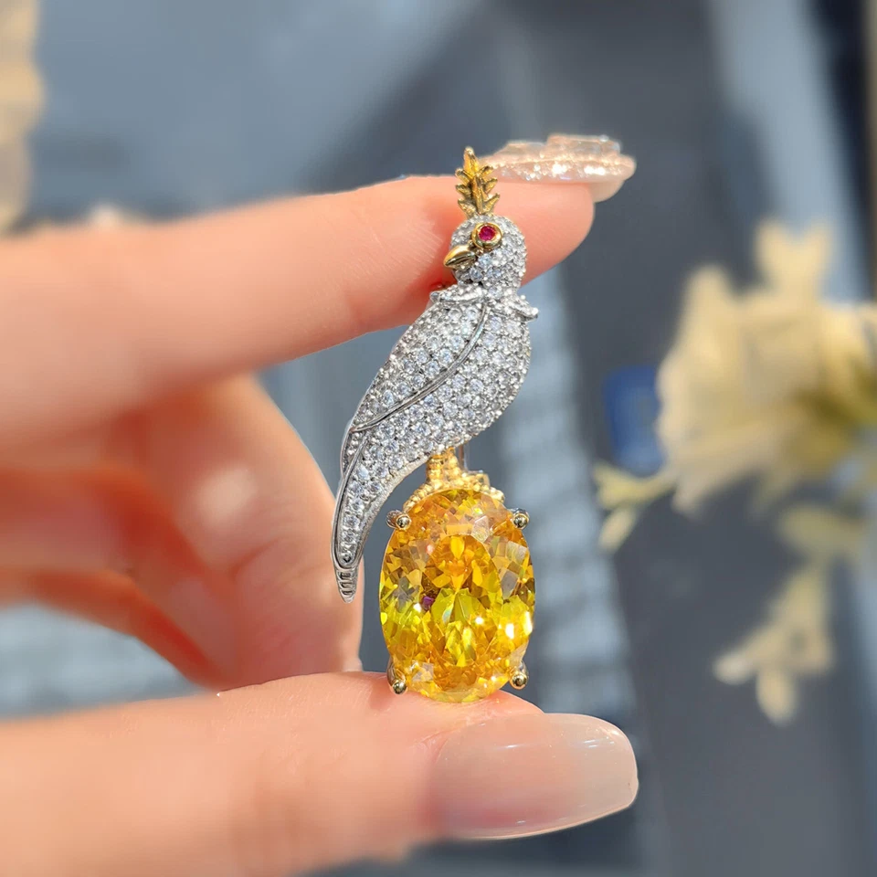 Nuevo Broche Collar Plata Mujer Lujo Piedras Preciosas Citrino Amarillo 18mm Diseño Pájaro Foto 4 de 4