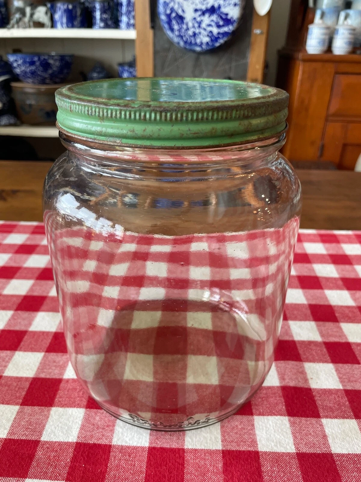 Vintage Duraglass Glass Jar with Green Metal Lid (8 1/2" tall)