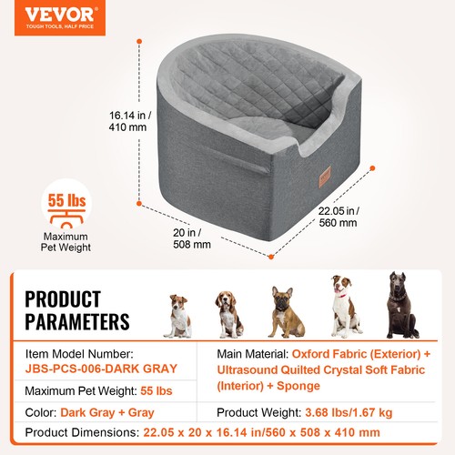 VEVOR Hunde Autositz Vorder/Rücksitz Hundesitz Auto 560x508x410mm 25kg Grau - Bild 7 von 12