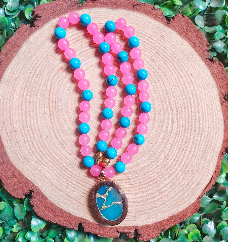 Collar colgante de ópalo azul con cuentas cuarzo rosa y turquesa joyas de piedras preciosas Foto 3 de 4