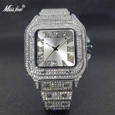 Men's Ice Watch Square Analog Quartz Waterproof Stainless Steel