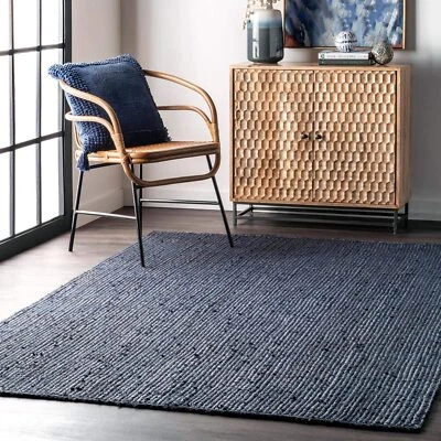 Teppich Blau Jute Quadratisch Natürlich Hand Geflochten Landhaus Fläche - Bild 1 von 4