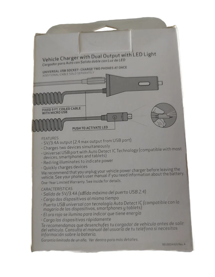 Verizon Car Charger W/ Dual Output Micro USB 9ft Cable LED Light New Sealed Box - Image 3 of 4