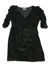 MNG Mango Women's Size 8 Black Velvet Dress Ruched Sleeves V-Neck Night Out