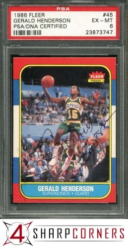 1986 FLEER #45 GERALD HENDERSON SUPERSONICS POP 8 PSA 6 DNA AUTO