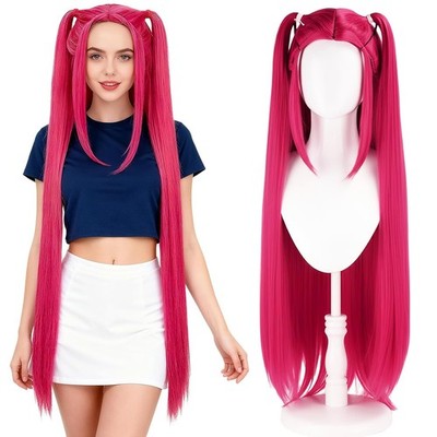 Rosa Perücke, 40 cm lang gerade Mira Wig mit 2 Pferdeschwänzen lang rosarot 40 Inch