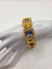 Signed KJL KENNETH J LANE Multi Color Cut Glass Crystal Bracelet Gold Plate Link