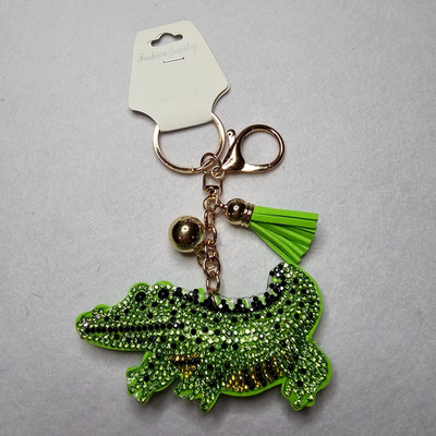 Green Alligator Large Rhinestone Covered Puffy Keychain Or Bag Charm W Tassel