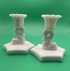 New Listing2 Vintage Westmoreland Dolphin Candlestick Holders 4 Inch Milk Glass Pair