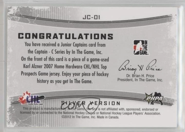 2011 ITG Captain-C Series Junior Captains Silver Vault Magenta 1/1 Karl Alzner - Image 2 of 2