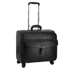 Leather Rolling Laptop Case Wheeled Briefcase Suitcase Roller Boarding Black