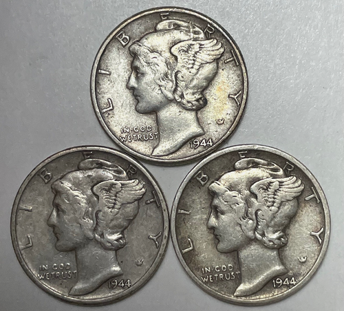1944, 1944-D e 1944-S 10C Mercury Dimes 90% Argento