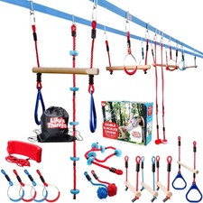 Double Ninja Slackline Obstacle Course for Kids  110 Foot Line  Monkey Bars...