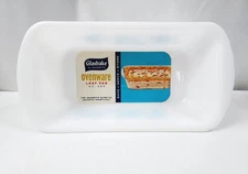 Vtg GLASBAKE Jeannette Blue Thistle Ovenware Milk Glass Loaf Pan 10x5 No. 254