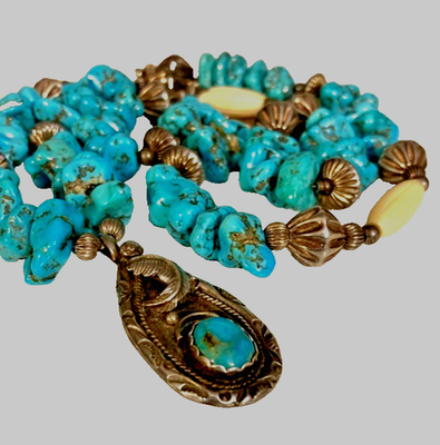 アクセサリー Colina Yazzie Nugget Necklace TURQUOISE Vtg Navajo Sterling Silver Turquoise Pendant Nugget Necklace