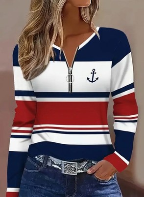 Damen T-Shirt Langarm Nautik - Shirt mit Ankerdruck und Reißverschluss - S