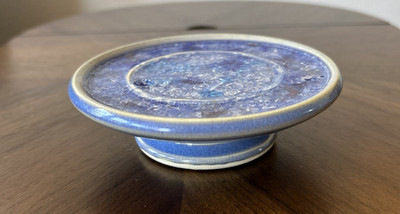 Handmade Studio Pottery Pedestal Dish Blue Crackle Glass Center Signed Jones