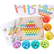 Wooden Peg Board Beads Game, Learning Montessori Toys,Color Sorting Stacking Mat