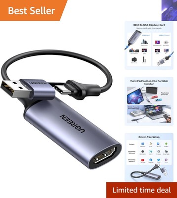 Full HD Video Capture Card with USB-C & USB-A - Ideal for Streaming & Teaching