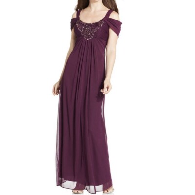 NWT Alex Evenings Plum Purple Beaded Cold Shoulder Chiffon Maxi Dress Size 6