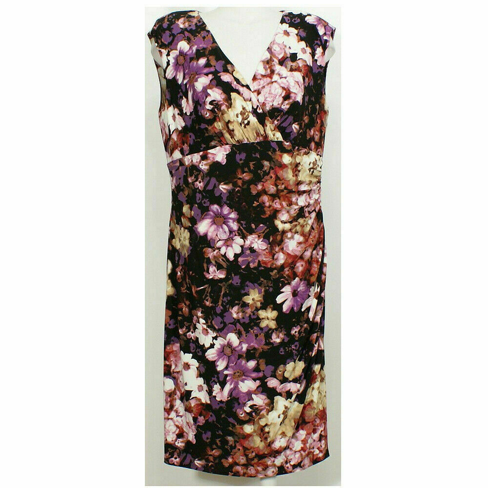 lauren ralph lauren women's floral stretch jersey surplice dress Black Purple Faux Wrap 14W V SHAPED BACK