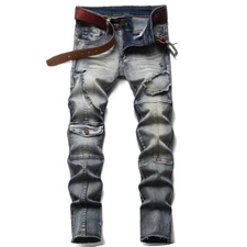 Men Asymmetric Distressed Denim Jeans Long Pants Cargo Combat Trousers Pocket