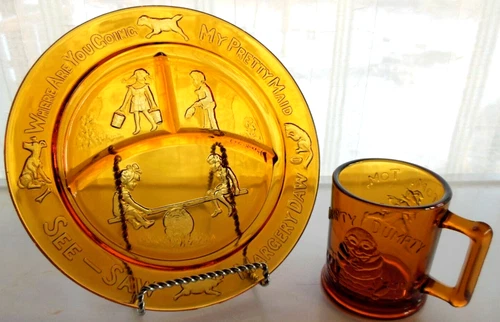 Tiara Indiana Glass Amber Child's Nursery Rhyme 8 ounce Mug & 8 1/2" Plate Set