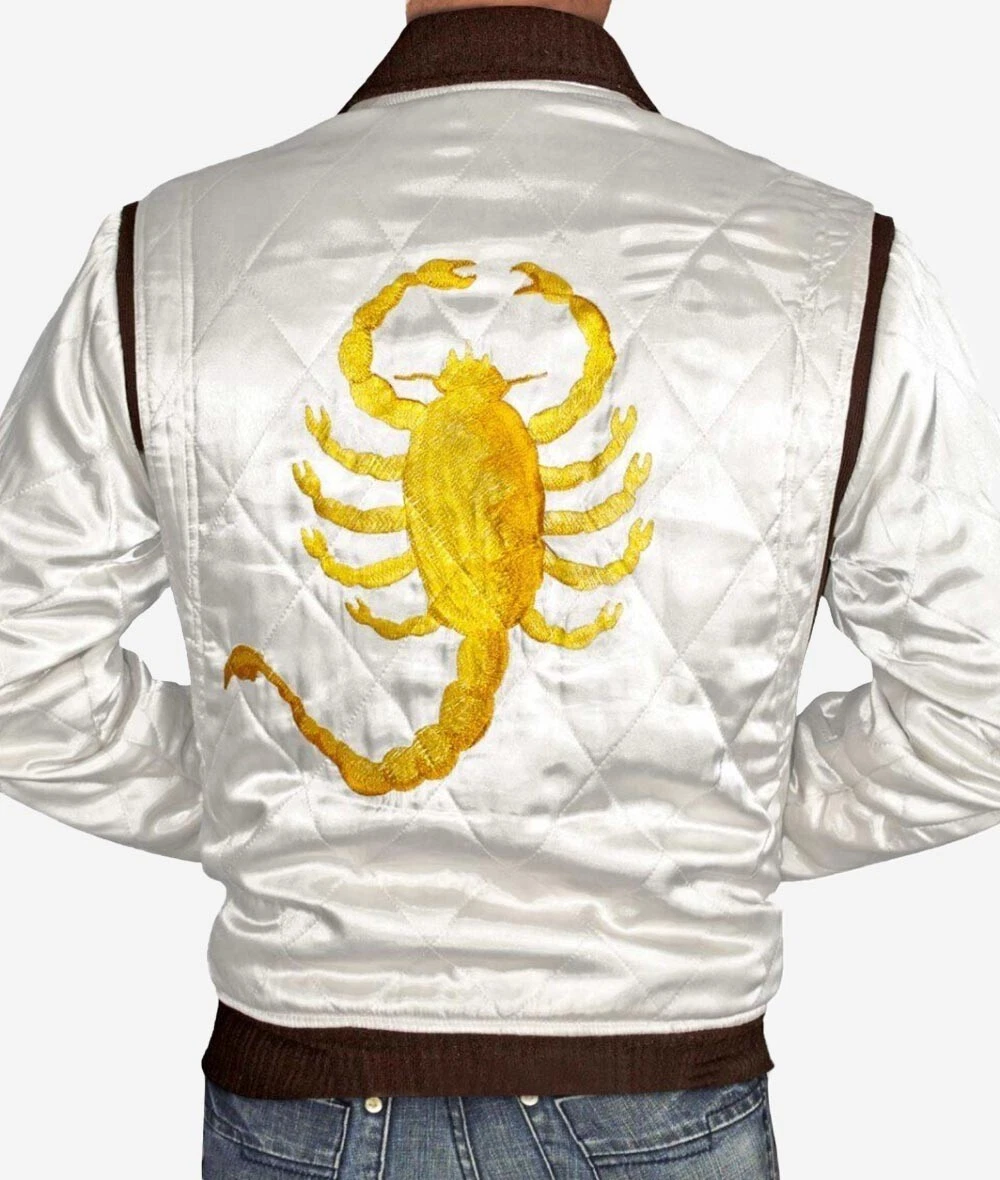 Letterman Scorpion 2024 Bomber White Satin Baseball Biker Moto Varsity Jacket
