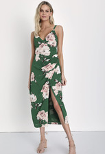 Nuevo con etiquetas Vestido Midi Lulus Draw You Close Verde Floral Sin Mangas Sobrepelliz