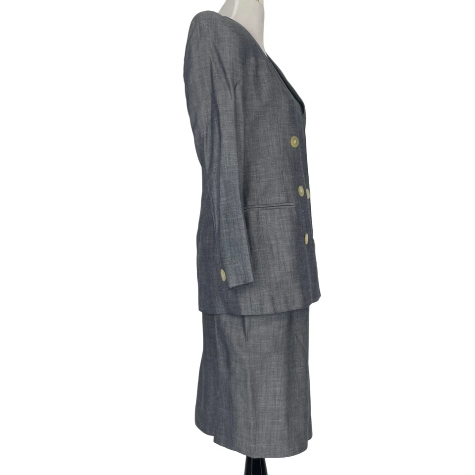 Terno saia Saville vintage anos 80 2 peças feminino XS azul tamanho grande roupa de escritório - Imagem 4 de 4