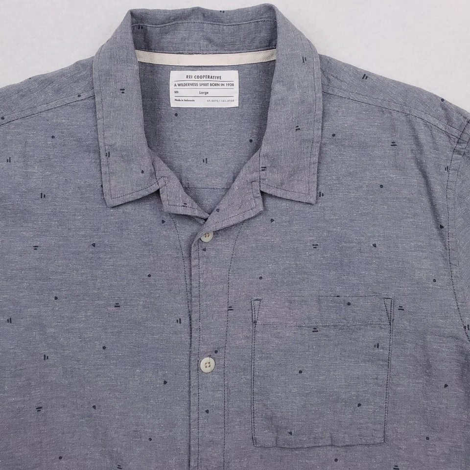 REI CoOp Shirt Mens Large Blue Hemp Button Front Spotted Relaxed Fit - Image 2 of 4