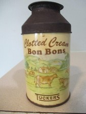 Tuckers Clotted Cream Bon Bon's Est. 1800 cone top candy tin container with cows
