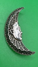 Vintage Sterling Silver Moon Face Marcasite Pin Brooch