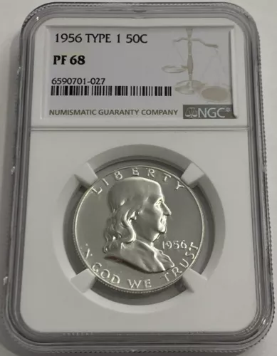 1956 TYPE 1 NGC PF68 PROOF BEN FRANKLIN HALF DOLLAR 50c 90% SILVER WHITE COIN WL