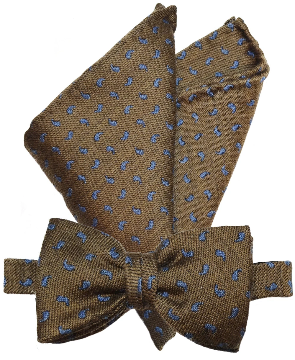 Pellens & Loick Fliege & Einstecktuch Set – Braun Blau, Wolle Seide
