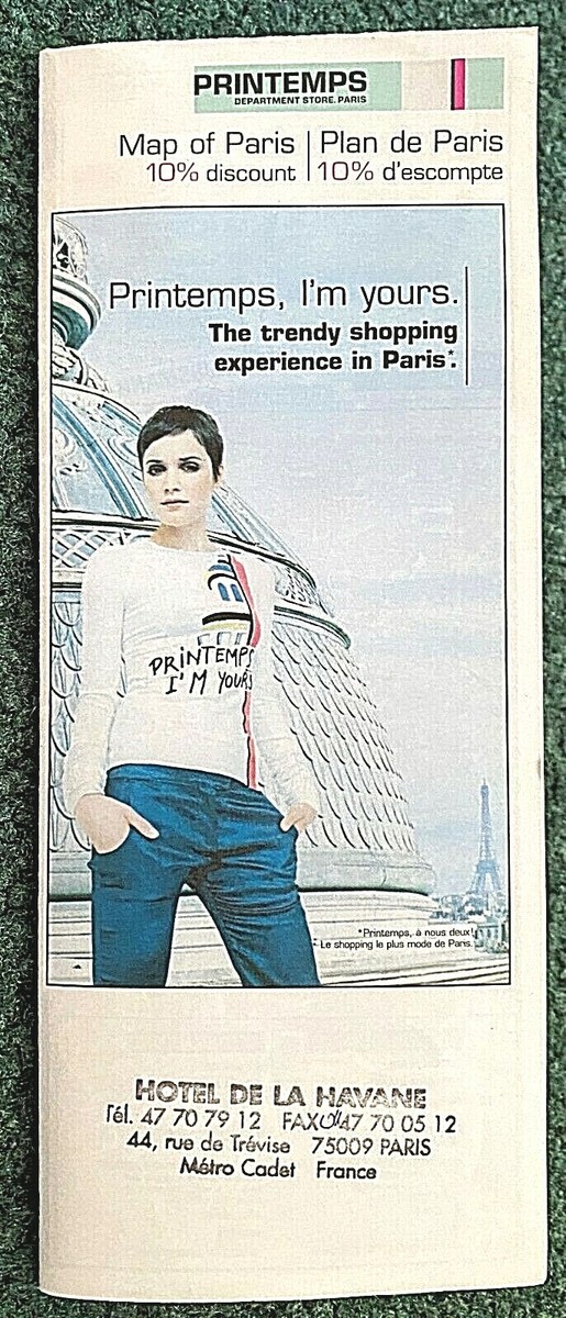 Vintage 2003 Printemps Map of Paris--Hotel De La Havane France