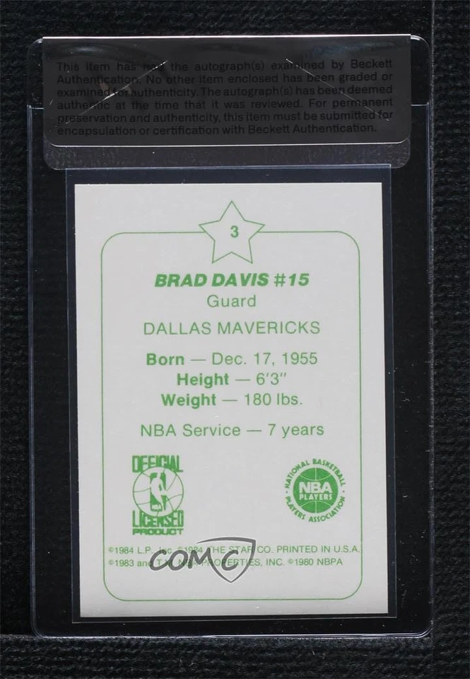 BAS 1984-85 Star Arena Set Brad Davis #3 Seal of Authenticity Auto - Image 2 of 2