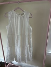 LOFT White Eyelet A-Line Sleeveless High Neck Knee Dress Cotton Ruffle L