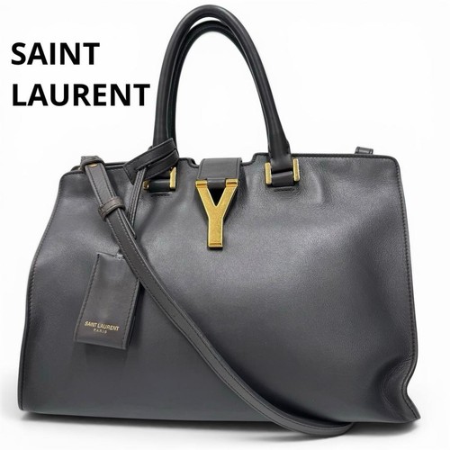 YSL Saint Laurent Petit Cabas Y-Line Handbag Shoulder Bag Gray Leather 2way