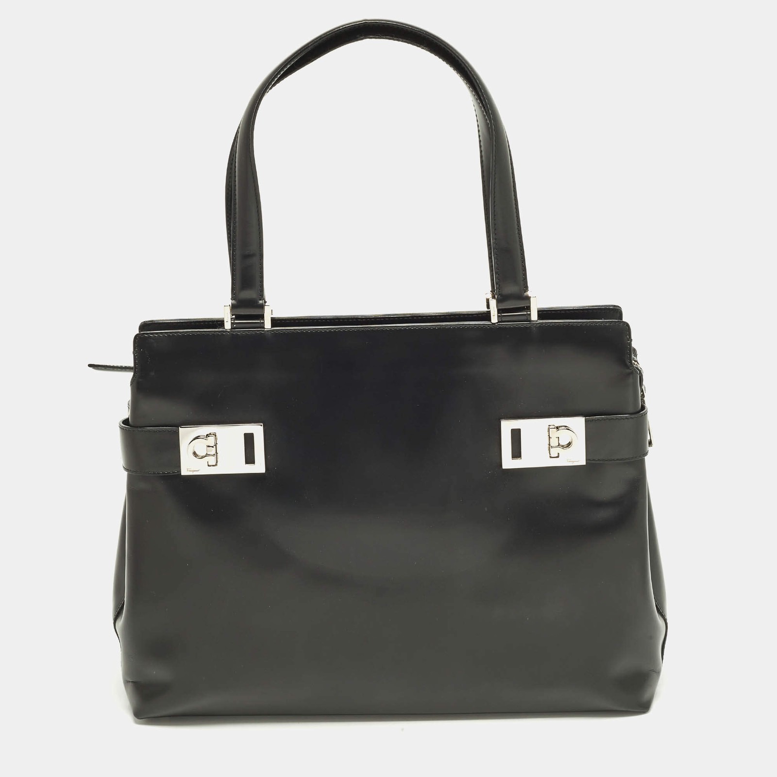 Salvatore Ferragamo Gancini Black Smooth Leather Tote