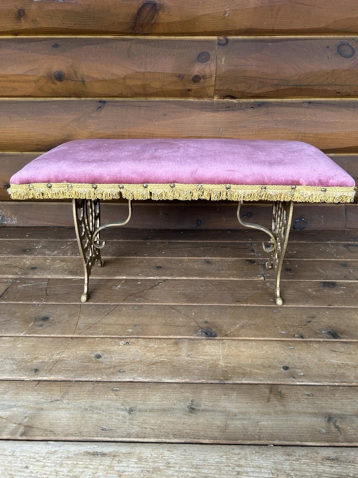 Antique Vintage Cast Iron Vanity Bench Pink Velvet - Image 2 of 4